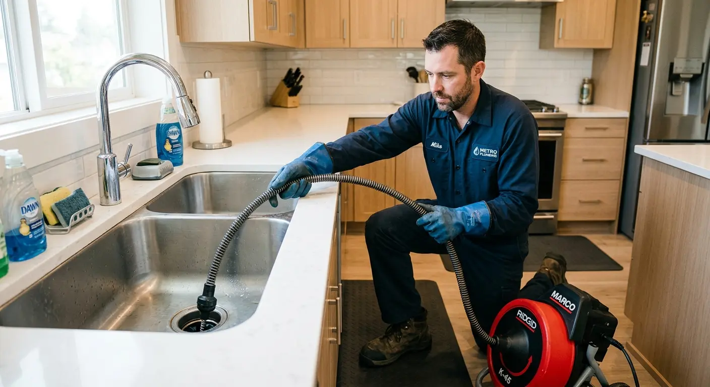 Drain cleaning technician using a motorized snake on a kitchen sink in Crawford