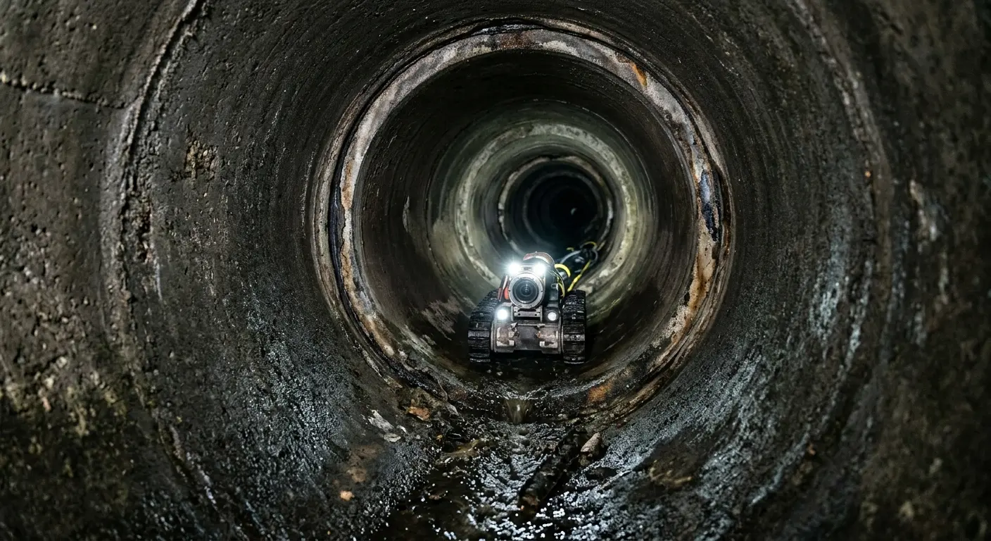 Robotic sewer camera inspecting pipe interior for Sewer Line Cleaning in Crawford