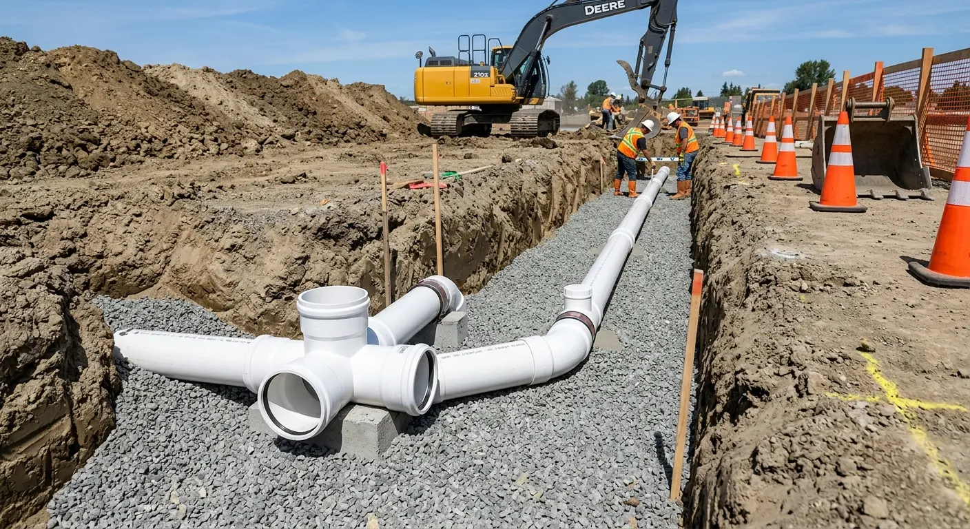 New PVC sewer pipe installation in open trench for Commercial Drain Cleaning in Crawford