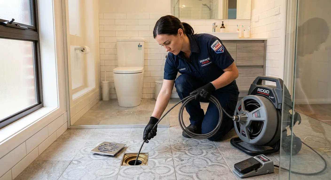 Technician clearing a bathroom floor drain for Sewer Line Replacement in Crawford